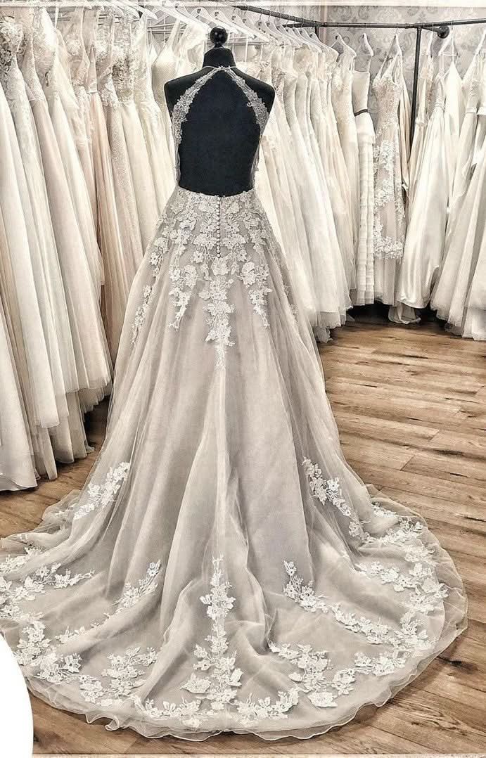 Halter Backless A-Line Wedding Dress with Lace Appliques, Train, and Tulle Ruffles BM bride