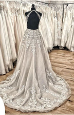 Halter Backless A-Line Wedding Dress with Lace Appliques, Train, and Tulle Ruffles BM bride