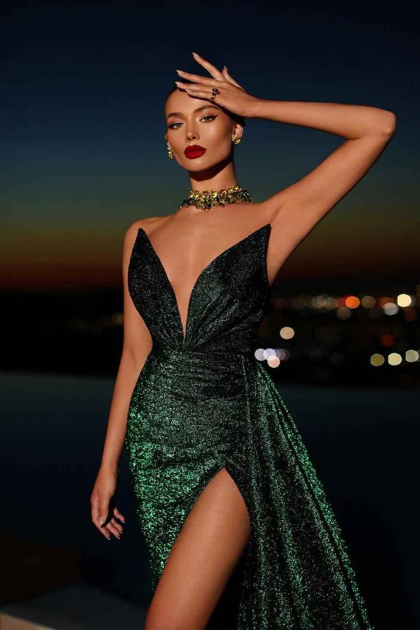 Strapless V Neck Sleeveless Split Long Prom Dress With Sequins