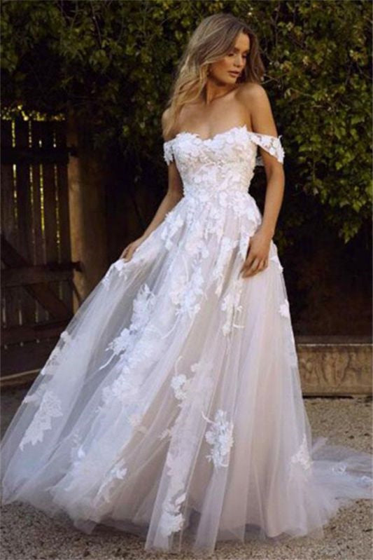 Off-the-Shoulder Tulle A-Line Wedding Dress with Lace Appliques BM bride