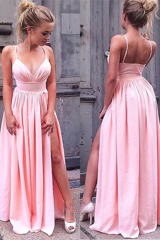Spaghetti-Straps Pink Prom Dress with Slit BM bride