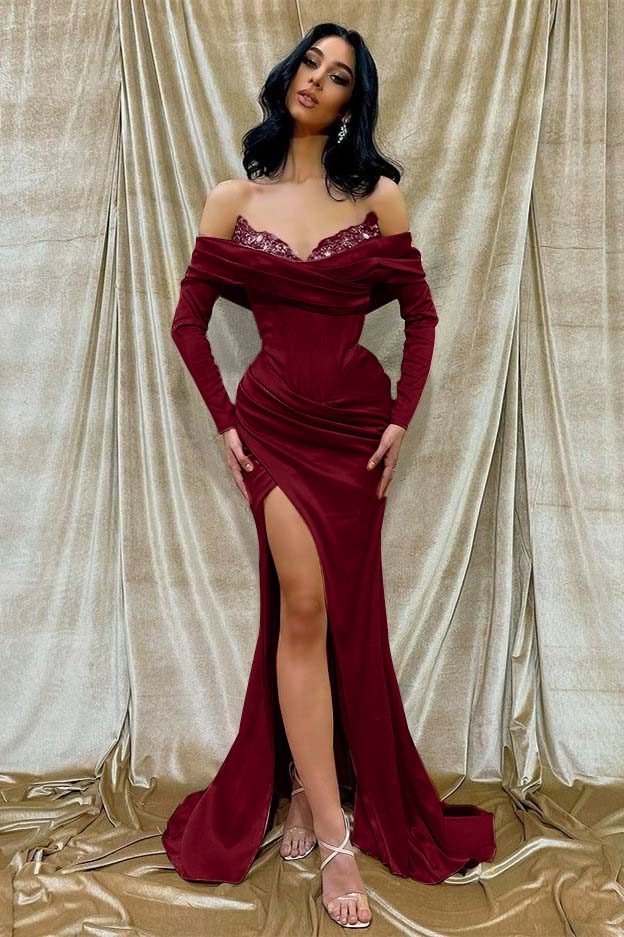 Off the Shoulder Long Sleeves Mermaid Long Prom Dress With Beading BMBRIDE