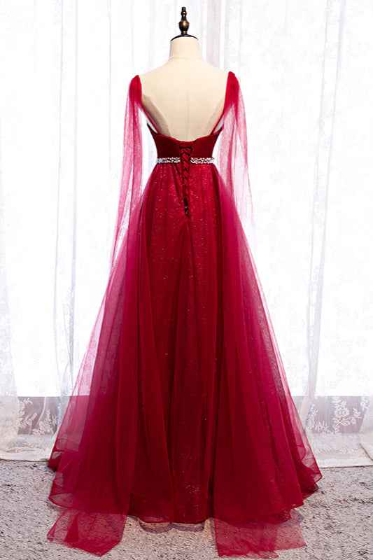 Burgundy Spaghetti Strap Sleeveless Prom Dress Tulle Ruffles With Beading