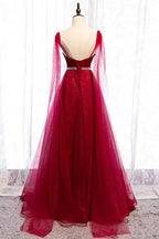 Burgundy Spaghetti Strap Sleeveless Prom Dress Tulle Ruffles With Beading