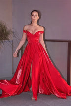 Red Off-the-Shoulder Long Evening Dress with Split BM bride