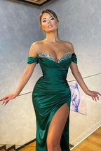 Dark Green Off-the-Shoulder Mermaid Prom Dress with Split BM bride