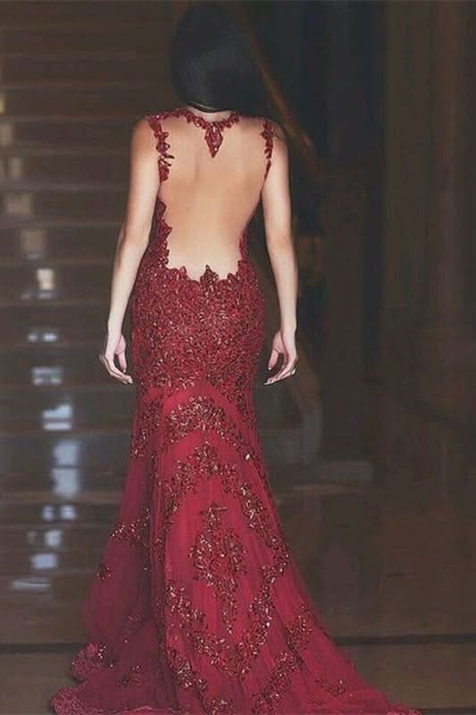 Burgundy Lace Applique Mermaid Evening Dress BM bride