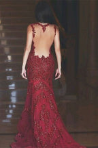 Burgundy Lace Applique Mermaid Evening Dress BM bride