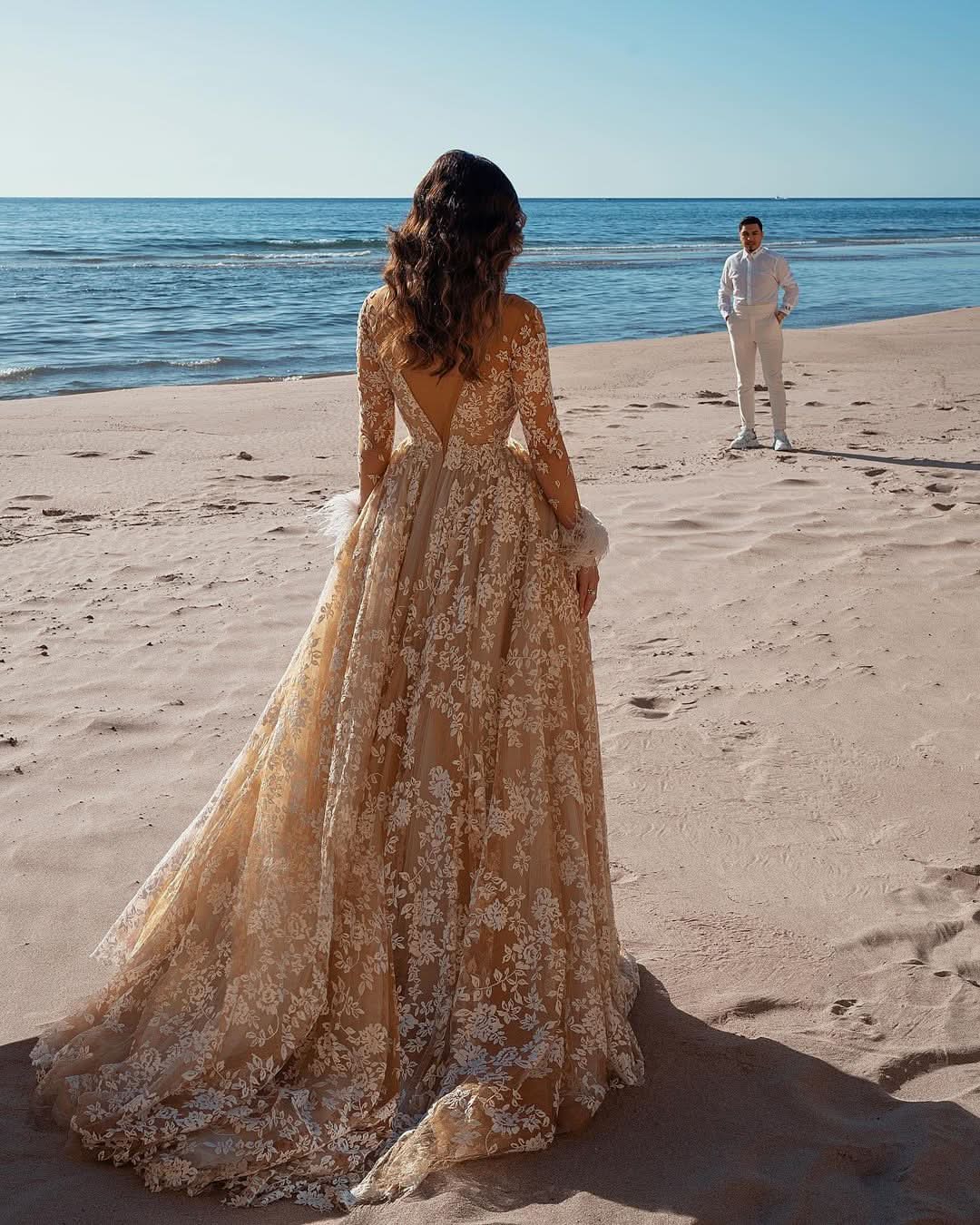 Long A-Line Column Train Jewel Neck Wedding Dress with Lace BM bride
