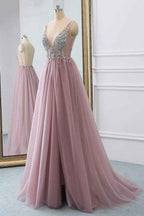 V Neck Sleeveless Long Prom Dress Tulle With Beads Rhinestones