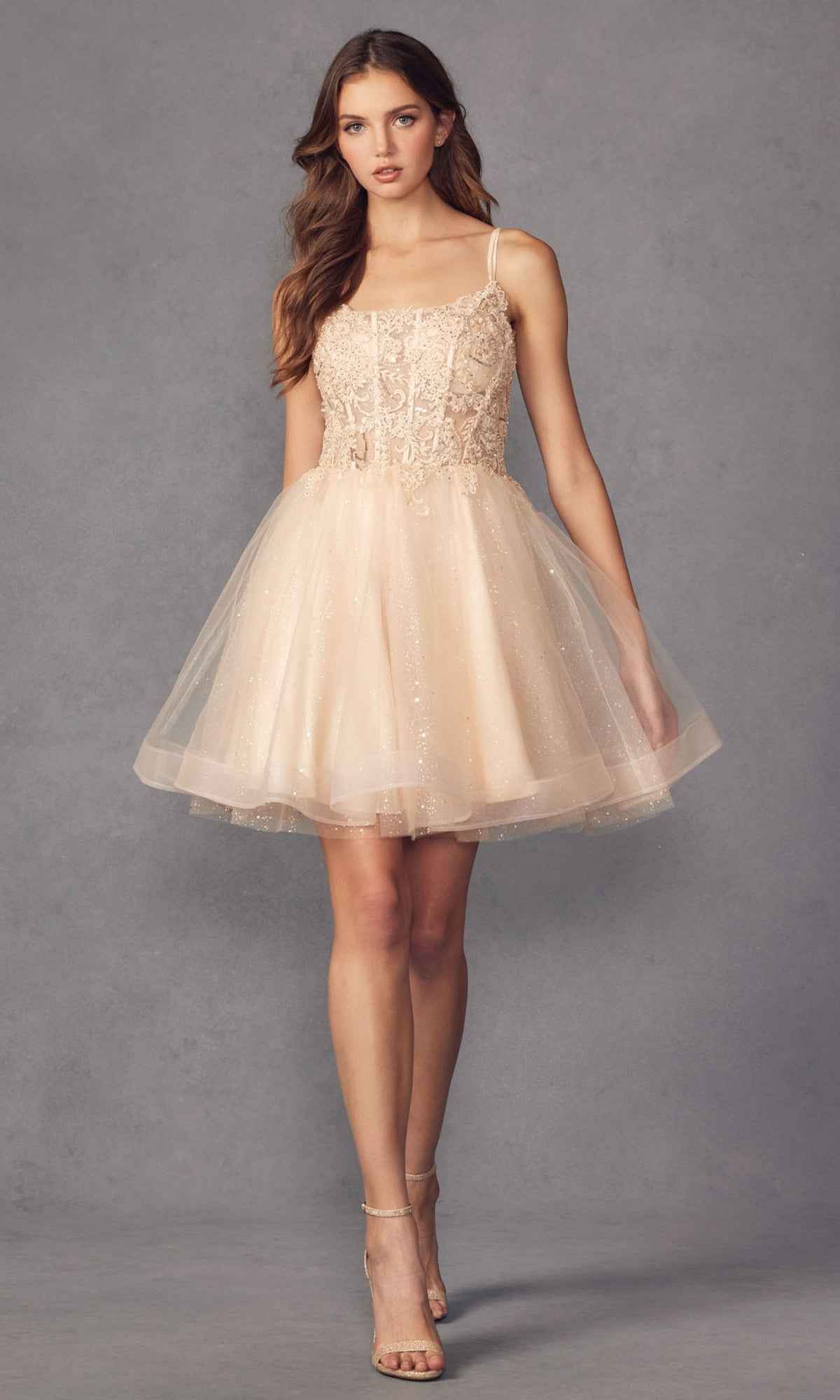Attractive Champagne Spaghetti Strap Applique Knee Length Prom Dress