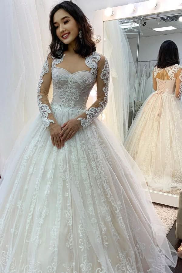 Princess Off-the-shoulder Wedding Dress Long Sleeves Tulle BM bride