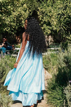 Sky Blue Spaghetti Strap Sleeveless Long Prom Dress With Ruffles