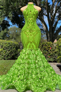 Green Halter Open-Back Sleeveless Mermaid Prom Dress with Flower Appliqueds BM bride