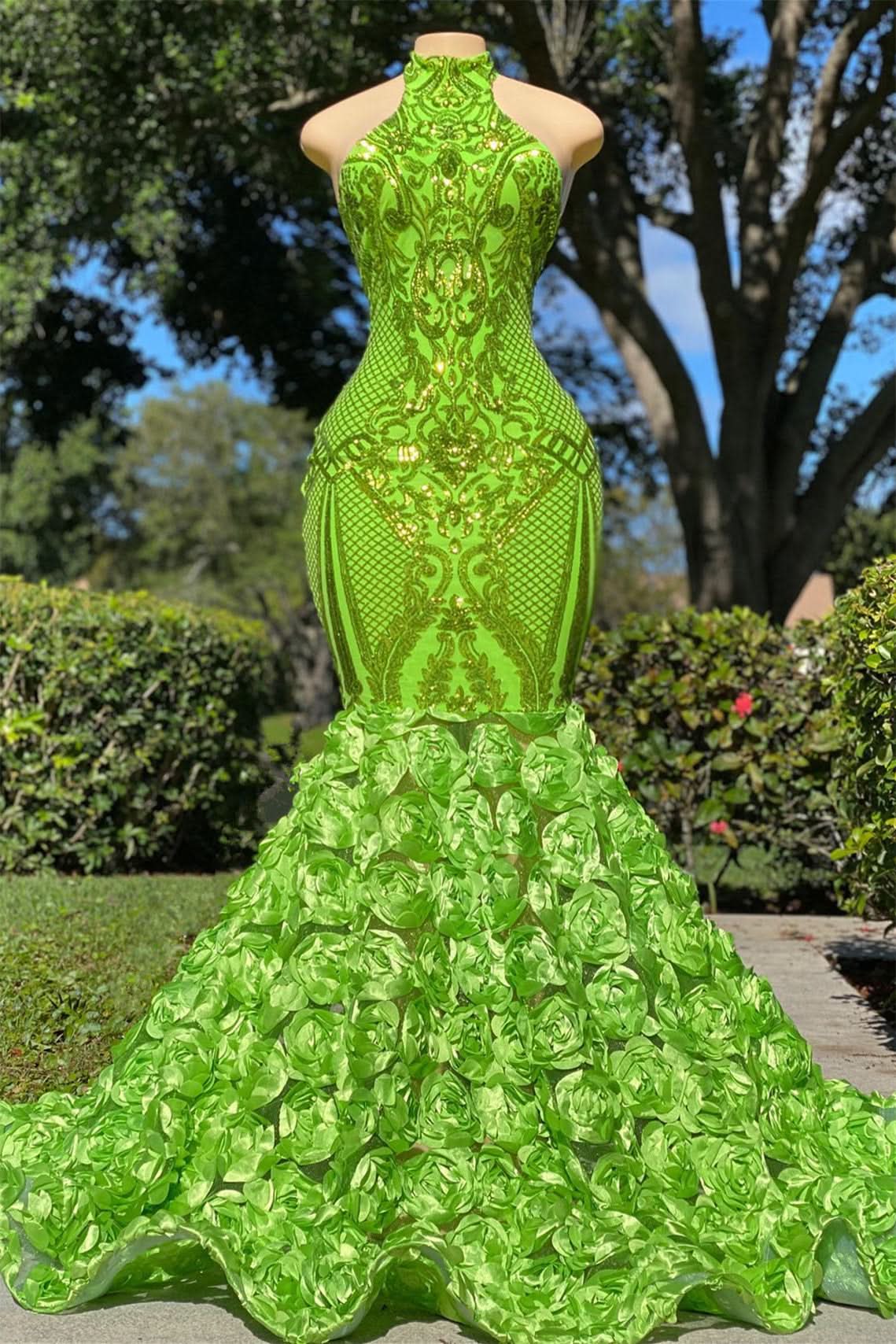 Green Halter Open-Back Sleeveless Mermaid Prom Dress with Flower Appliqueds BM bride