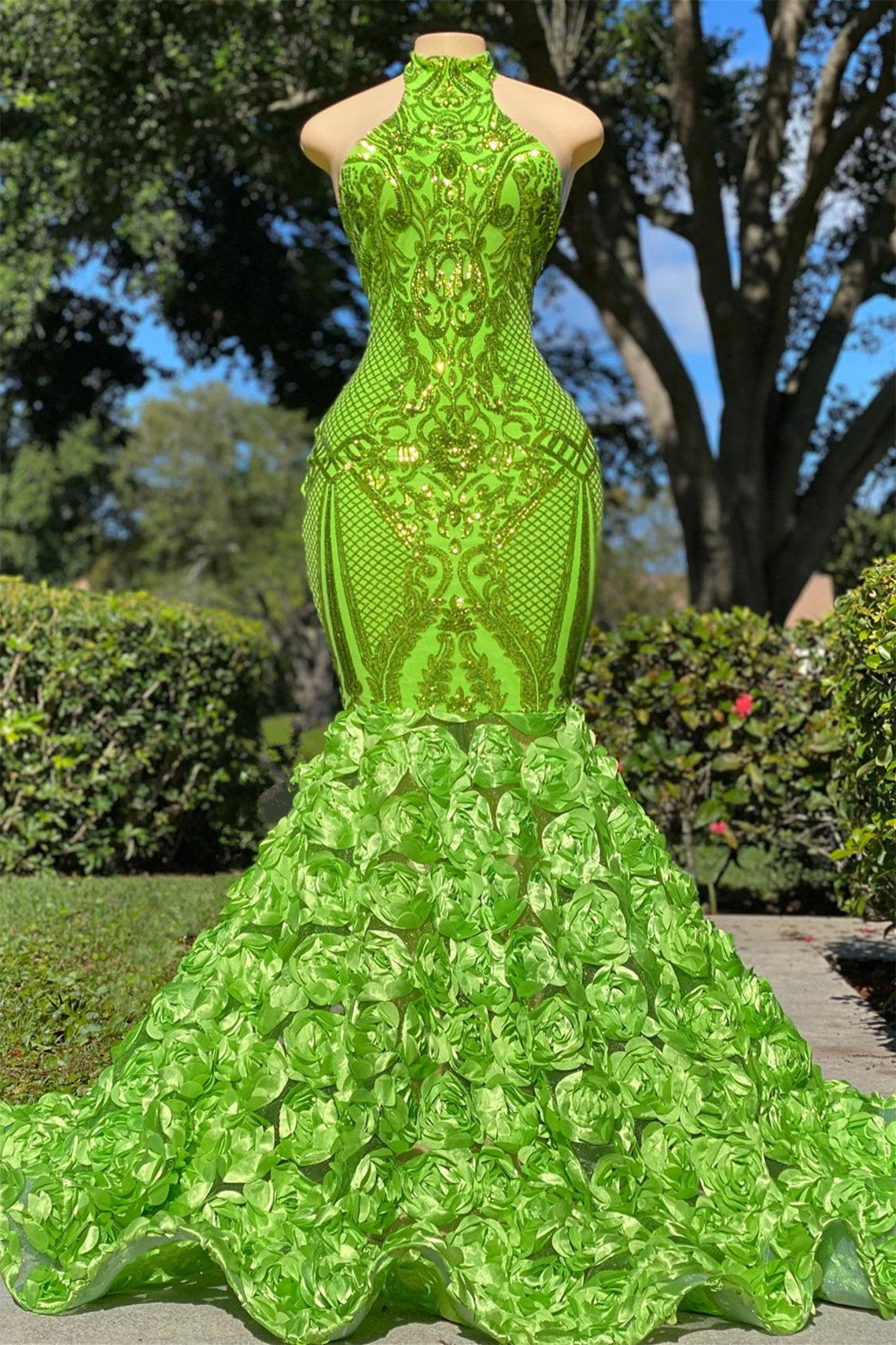 Green Halter Open-Back Sleeveless Mermaid Prom Dress with Flower Appliqueds BM bride