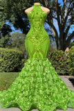 Green Halter Open-Back Sleeveless Mermaid Prom Dress with Flower Appliqueds BM bride