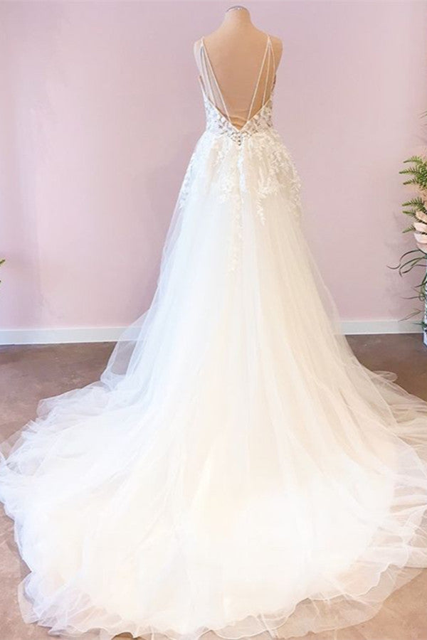 Sweetheart Spaghetti Strap Floor-Length Wedding Dress with A-Line Tulle BM bride