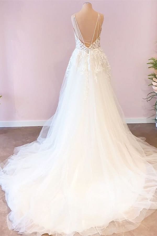 Sweetheart Spaghetti Strap Floor-Length Wedding Dress with A-Line Tulle BM bride