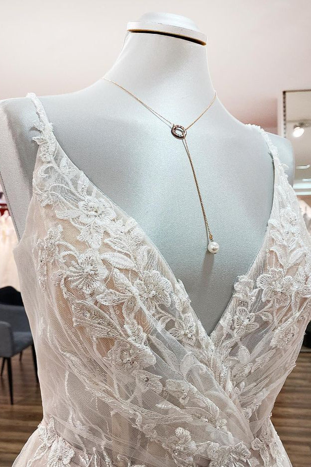 Long A-line V-neck Backless Wedding Dress With Ruffles BM bride