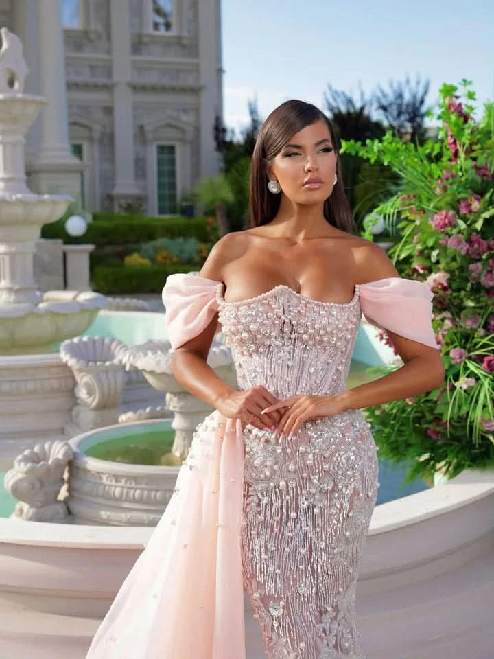 Luxurious Pink Off-the-Shoulder Beaded Long Mermaid Prom Dress BM bride