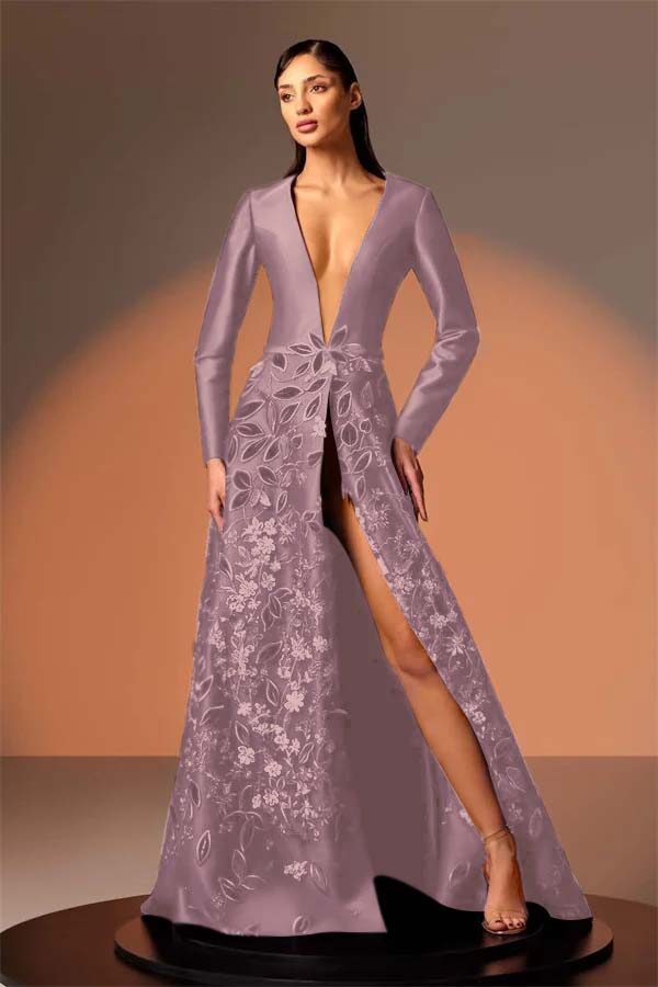 Long Sleeves Deep V Neck High Split Long Prom Dress With Appliques BMBRIDE