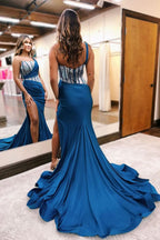 Sparkly Blue Sheath Sequins Long Prom Dress with an Elegant Slit for a Chic Look BM bride
