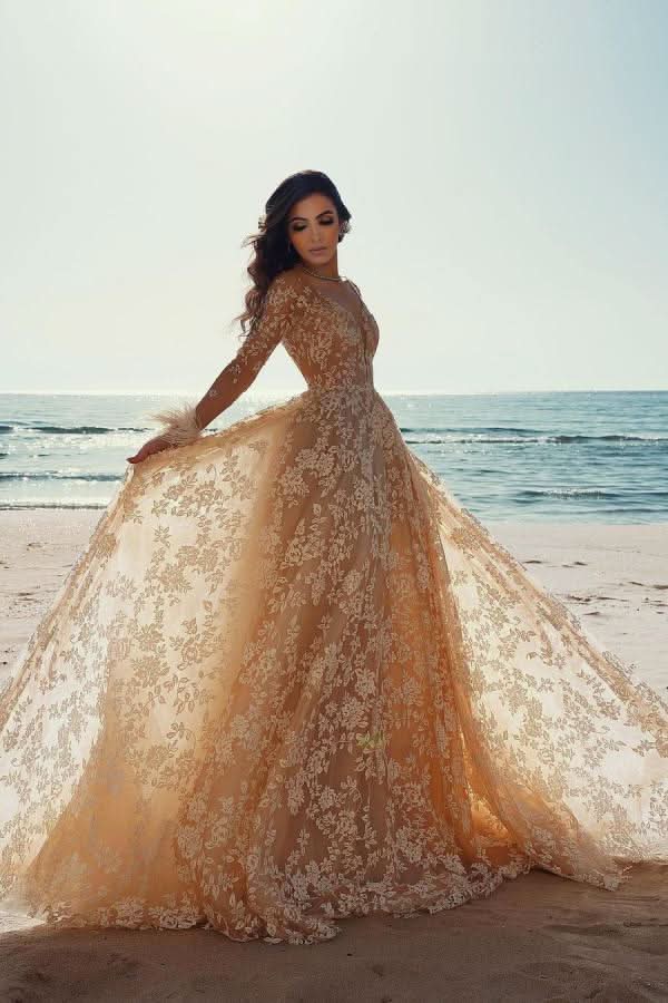 Long A-Line Column Train Jewel Neck Wedding Dress with Lace BM bride