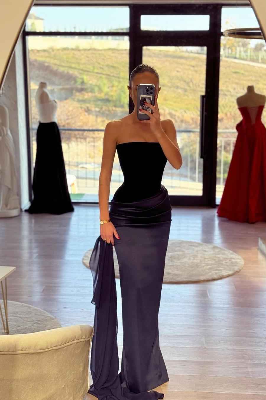 Chic Sleeveless Strapless Long Pleated Prom Dress With Ruffles