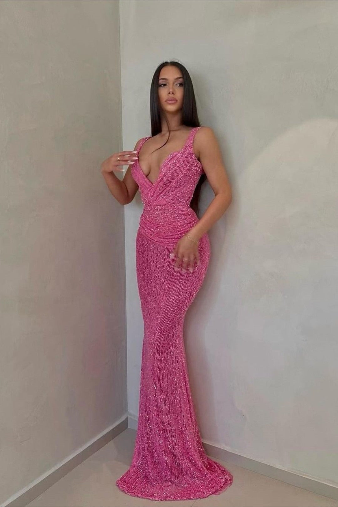 Sexy Pink Long Sequins Prom Dress V Neck Mermaid Sleeveless BMBRIDE
