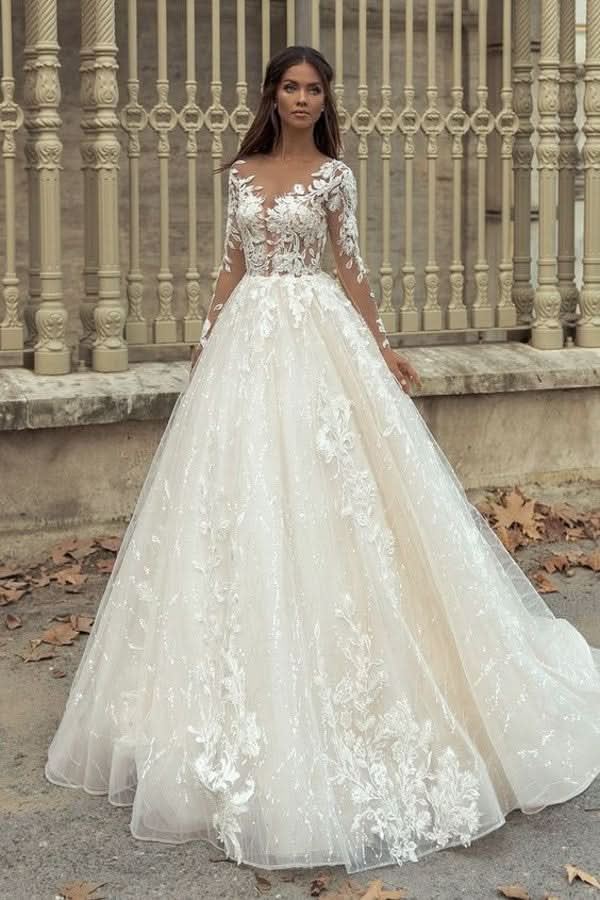 Gorgeous Bateau Long Sleeve Train A-Line Wedding Dress with Lace Appliques BM bride