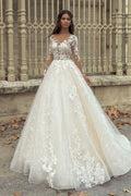 Gorgeous Bateau Long Sleeve Train A-Line Wedding Dress with Lace Appliques BM bride