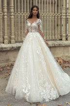 Gorgeous Bateau Long Sleeve Train A-Line Wedding Dress with Lace Appliques BM bride