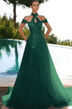 Gorgeous Pink Off-the-Shoulder Evening Dress Mermaid Prom Dress with Tulle Sequins BM bride