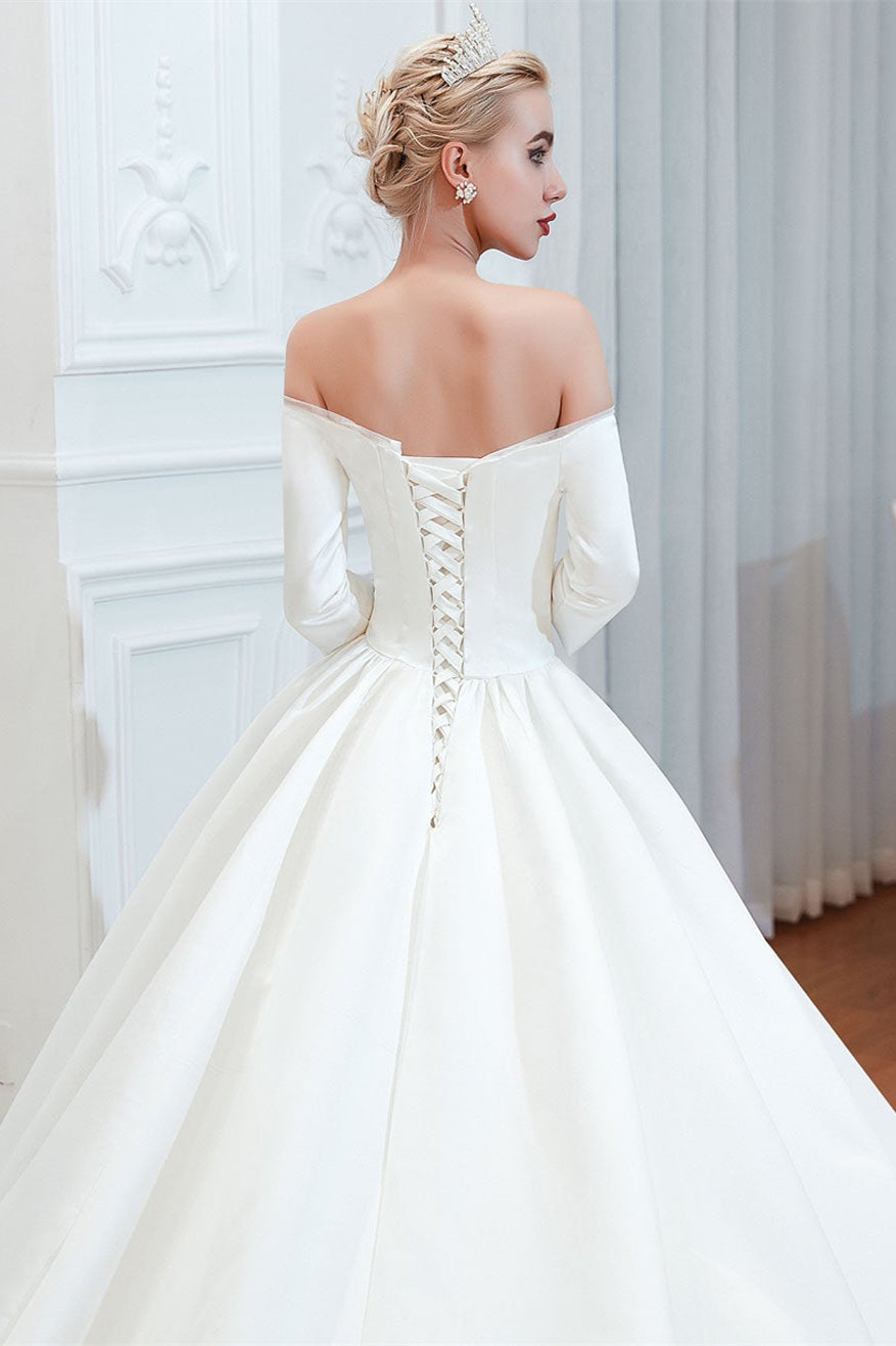 Off-the-Shoulder Half Sleeve Satin Wedding Dress BM bride