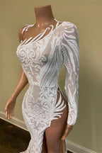 White One-Shoulder Long Sleeves Mermaid Prom Dress with Sequins Lace and Split BM bride