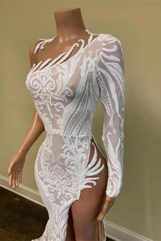 White One-Shoulder Long Sleeves Mermaid Prom Dress with Sequins Lace and Split BM bride