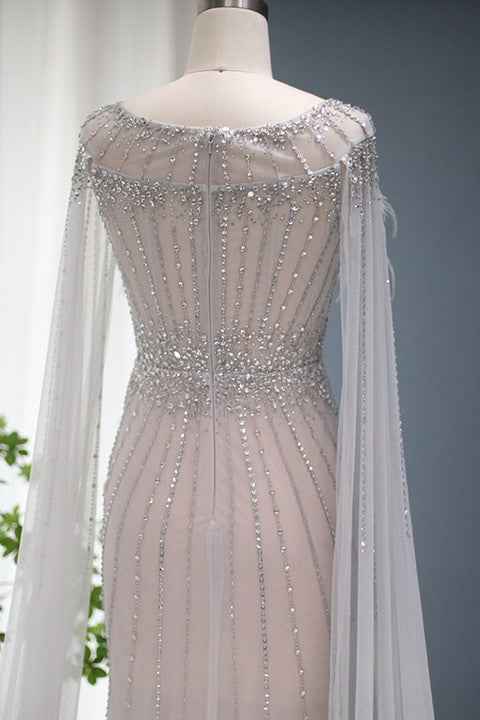 Glamorous Crew Neck Mermaid Prom Dress Tulle Cap With Feathers Appliques