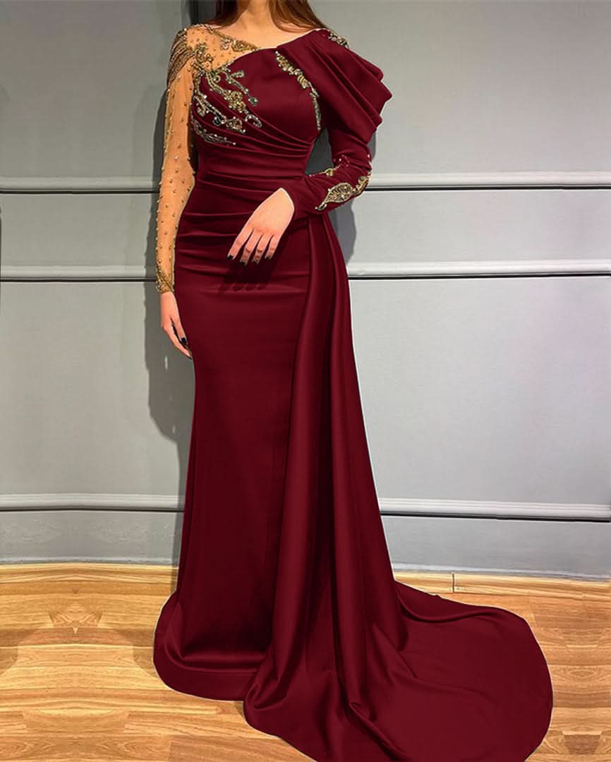 Dark Green Long Sleeves Mermaid Evening Dress with Beads Appliques BM bride