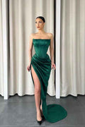 Dark Green Strapless Split Sleeveless Long Mermaid Prom Dress With Pleated