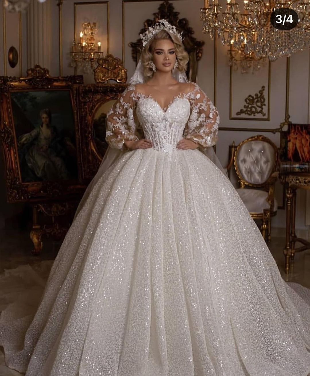 Luxury Long Ball Gown with Puffy Sleeves and Appliques BM bride
