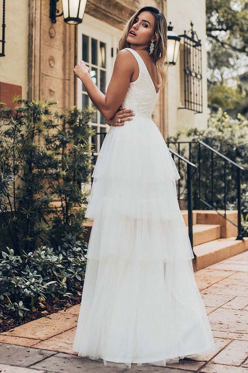 Sleeveless Layered Long Wedding Dress BM bride