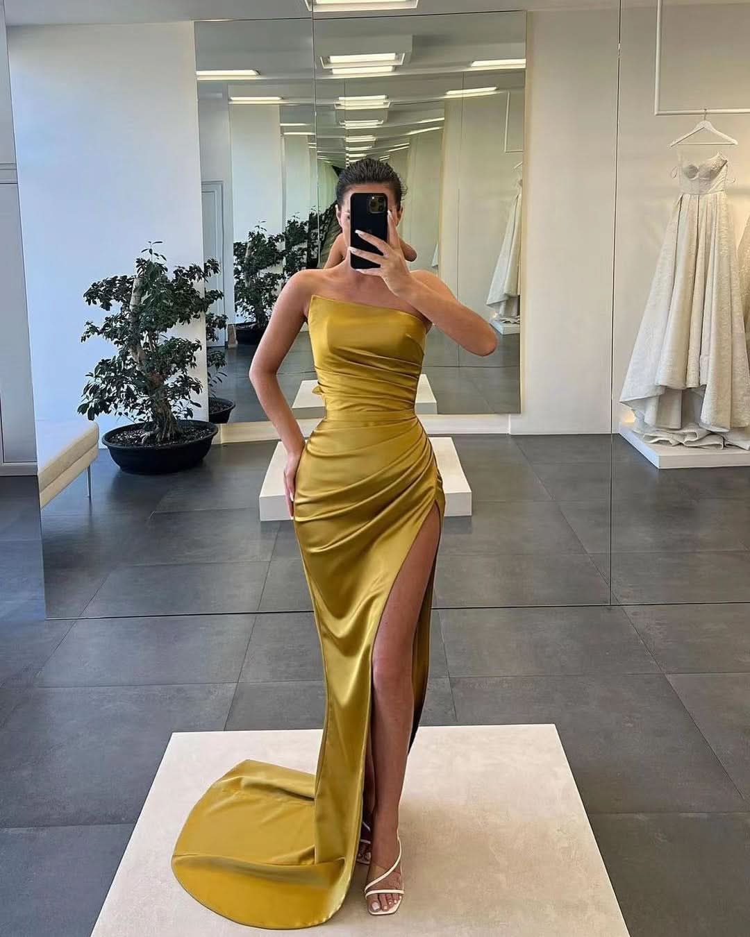 Gorgeous Sleeveless Satin Long Mermaid Prom Dress with Split BM bride