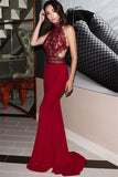 High-Neck Burgundy Lace Mermaid Prom Dress BM bride