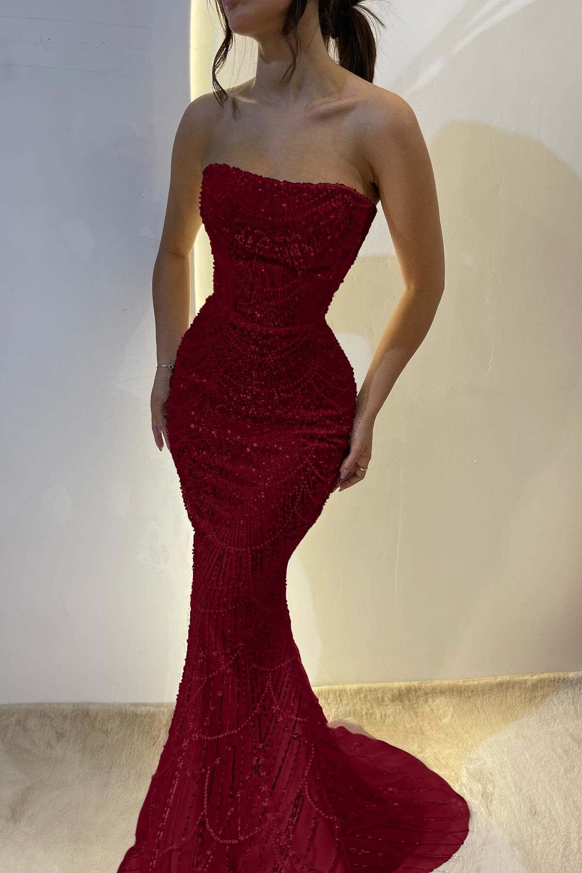 Chic Strapless Sleeveless Long Mermaid Prom Dress With Sequins