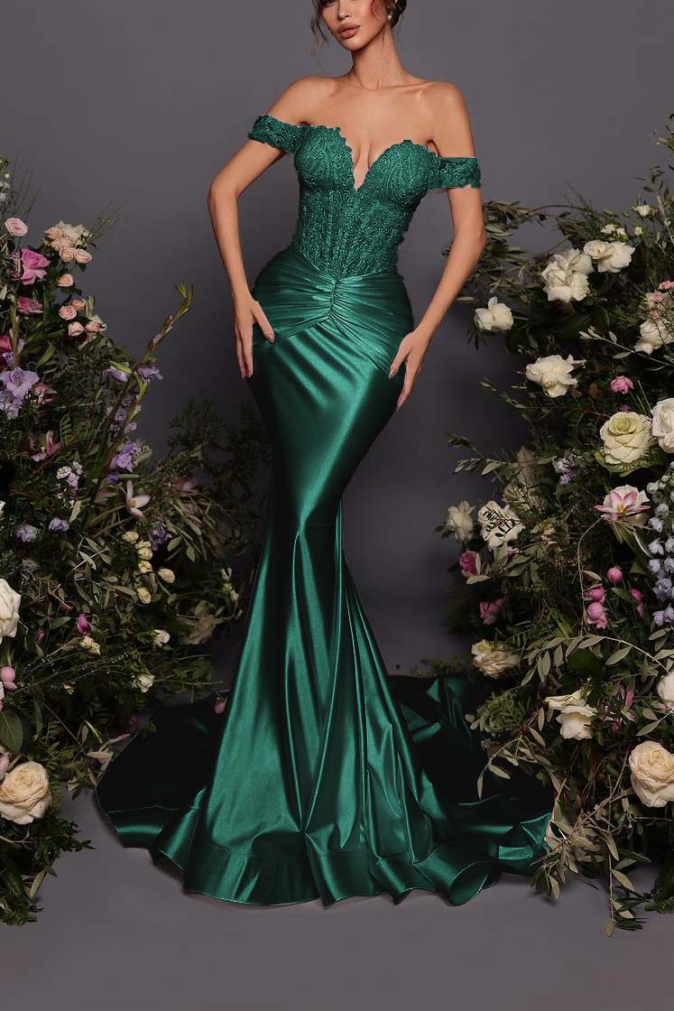 Off The Shoulder Sleeveless Long Mermaid Prom Dress With Pleated BMBRIDE