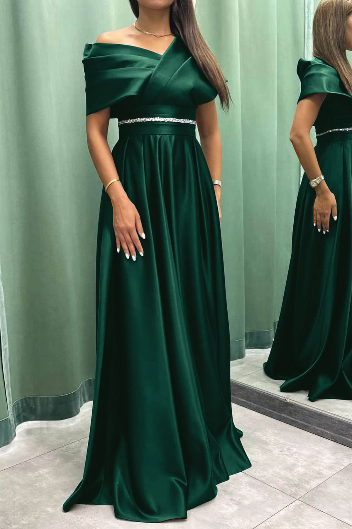 Elegant Off-the-Shoulder Long Evening Dress Pleated and On Sale BM bride