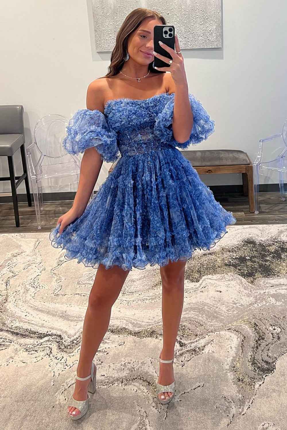 Blue Printed Detachable Sleeves Ruffled Short Homecoming Dress Bmbride