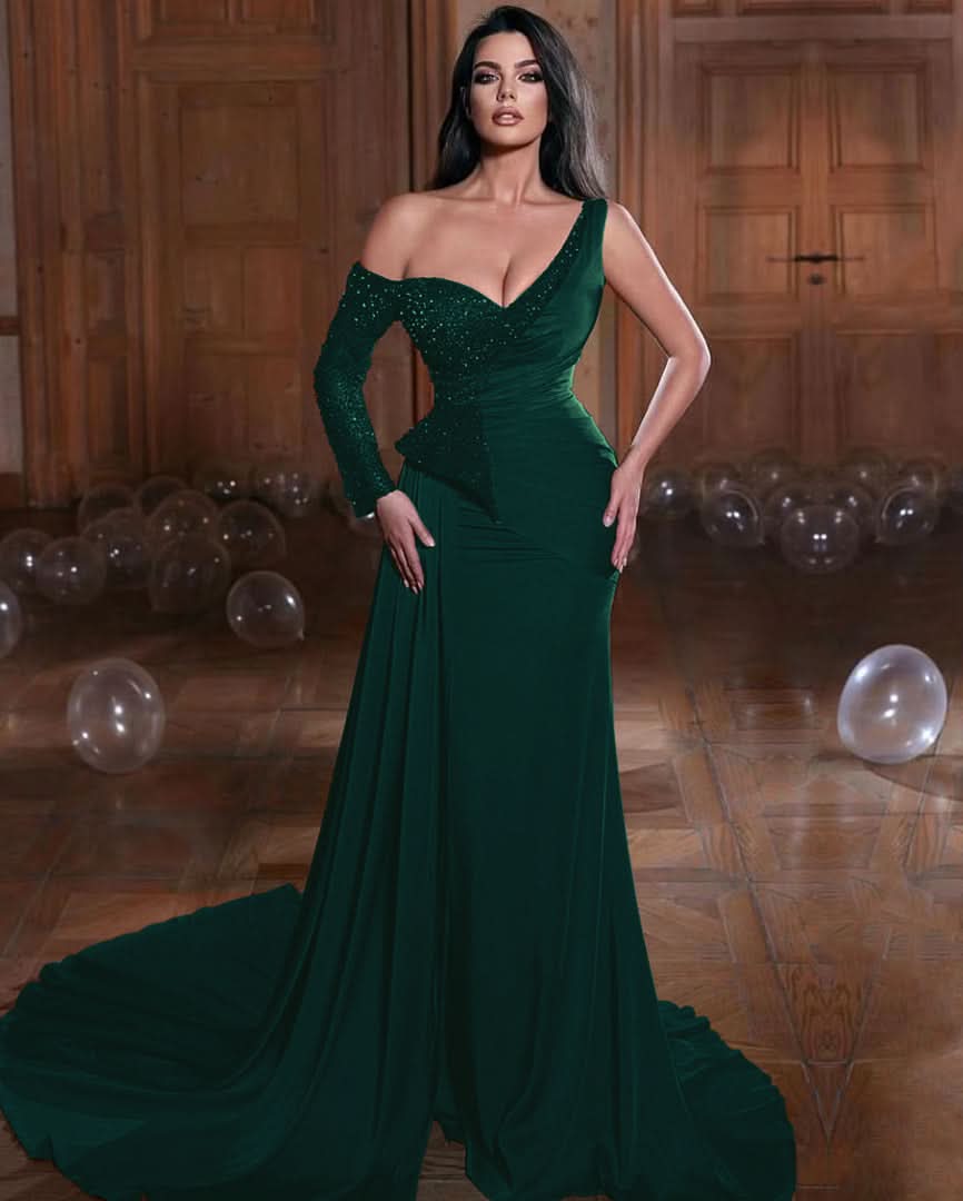 Dark Green One Shoulder Long Sleeves Mermaid Evening Dress with Ruffles BM bride