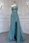 Elegant One Shoulder Tulle Evening Dress with Beadings, Slit, and Rhinestone BM bride